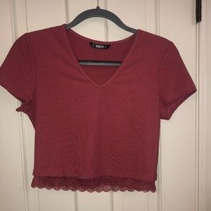 Red crop top w lace detail